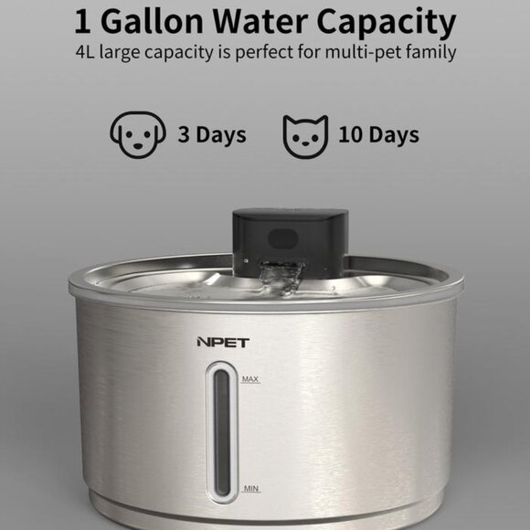 NPET Cordless Cat Water Fountain Stainless Steel, 1Gallon/135oz (NWT) - Picture 1 of 9